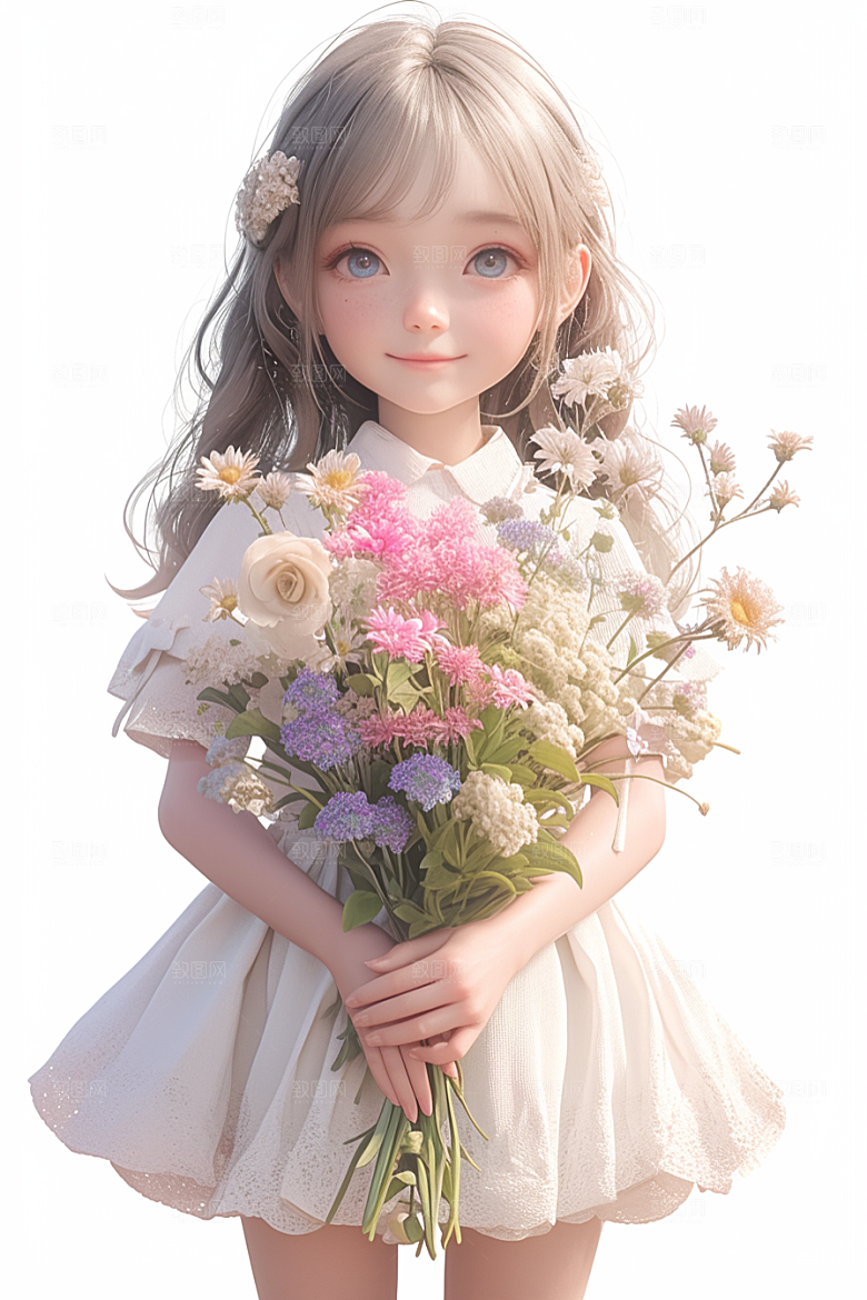 手捧鲜花的少女清新立体素材