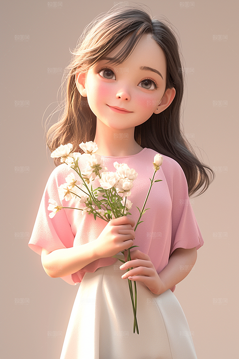 手捧鲜花的少女立体3D素材
