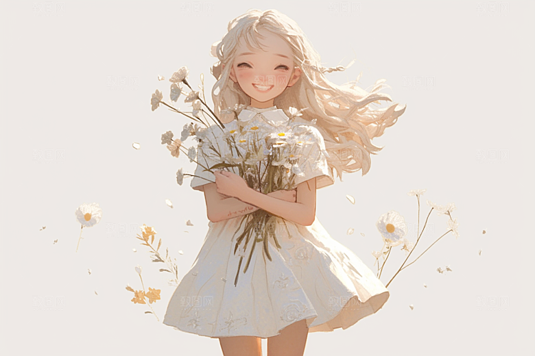 手捧鲜花的少女肖像立体素材