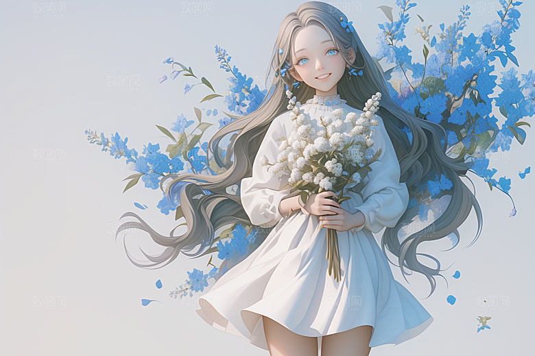 手捧鲜花的少女梦幻模型素材