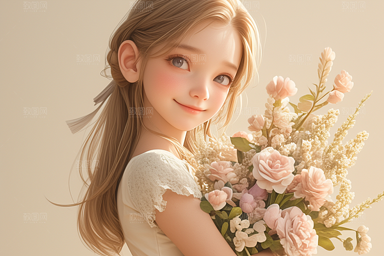 手捧鲜花的少女花朵烂漫素材