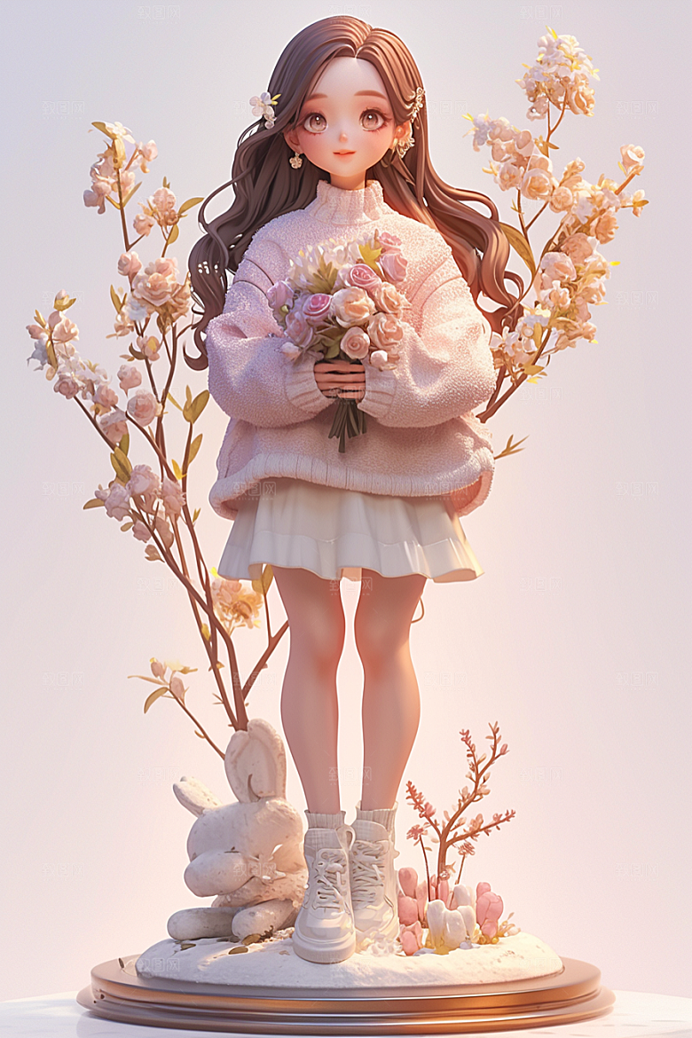 手捧鲜花的少女唯美烂漫素材