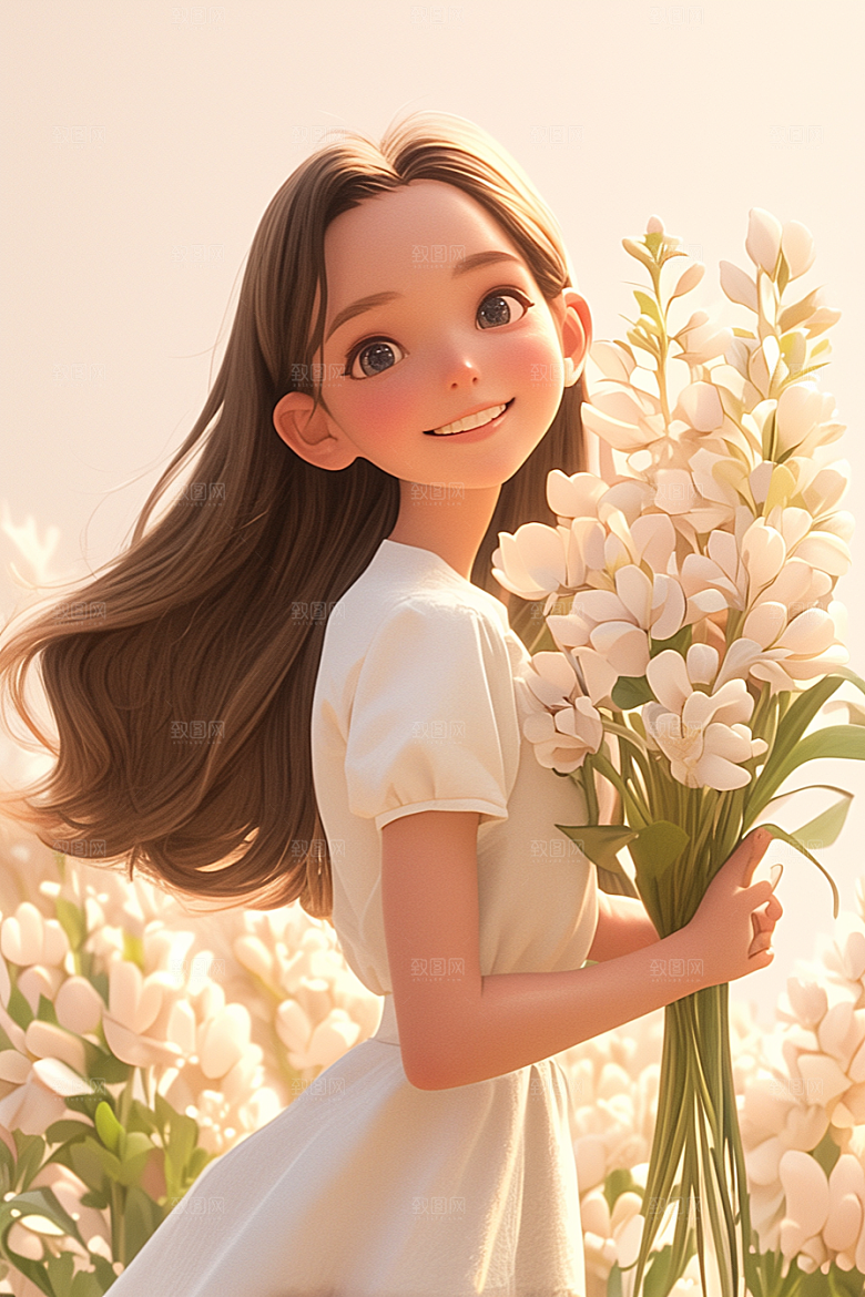手捧鲜花的少女人物飞舞的裙摆素材