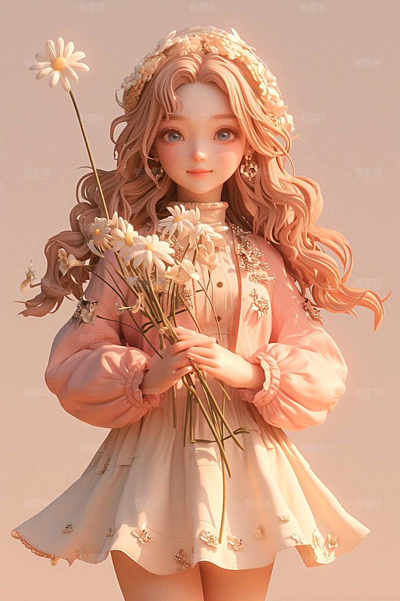 手捧鲜花的少女唯美青春素材
