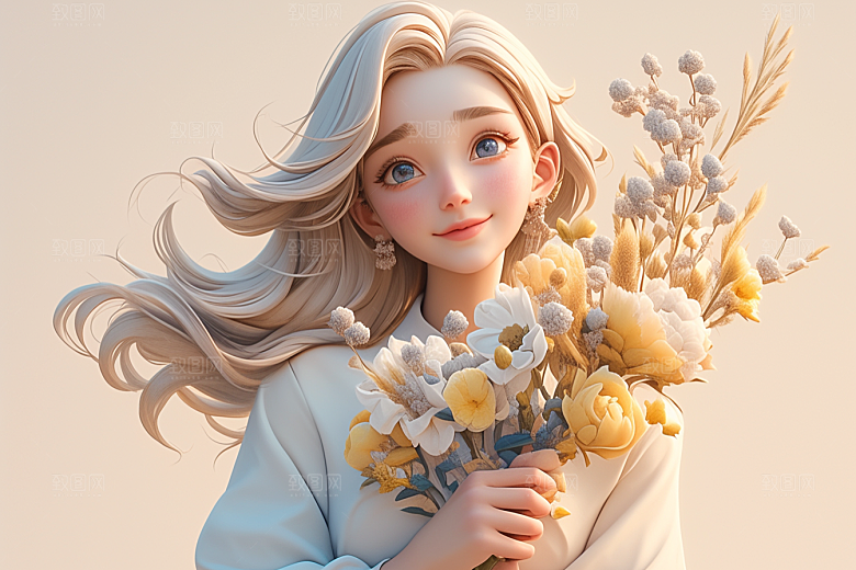 手捧鲜花的少女清新烂漫素材