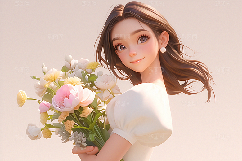 手捧鲜花的少女3D花朵素材
