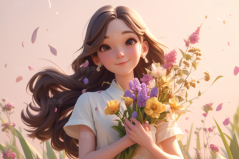 手捧鲜花的少女梦幻肖像素材