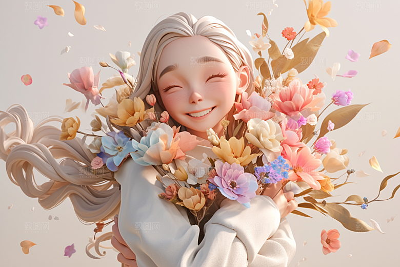 手捧鲜花的少女3D烂漫素材