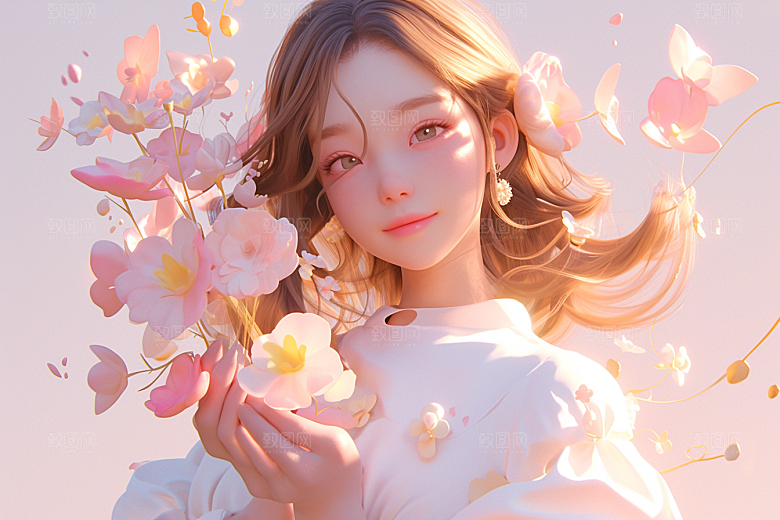 手捧鲜花的少女唯美花朵素材
