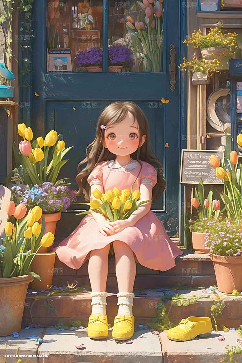 手捧鲜花的少女春天模型素材