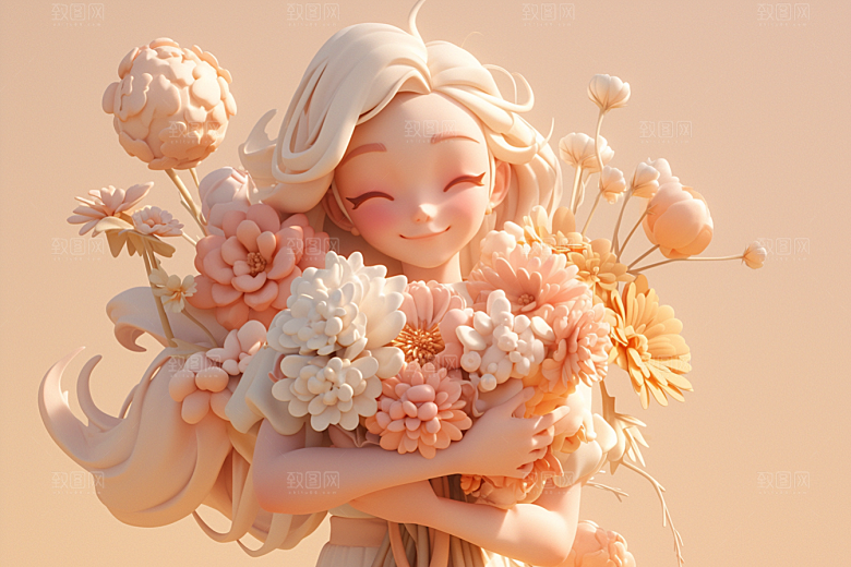 手捧鲜花的少女青春自然素材