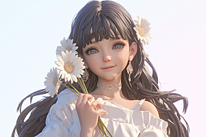 手捧鲜花的少女肖像模型素材