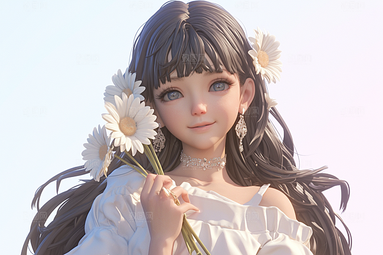 手捧鲜花的少女肖像模型素材
