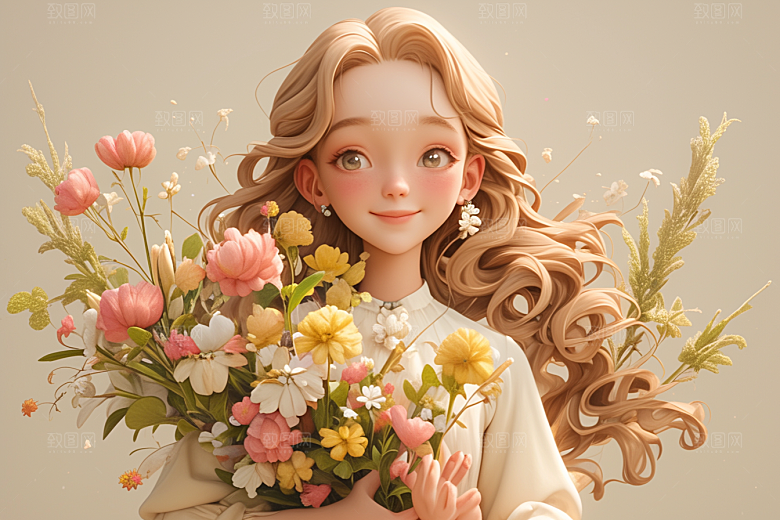 手捧鲜花的少女模型清新素材
