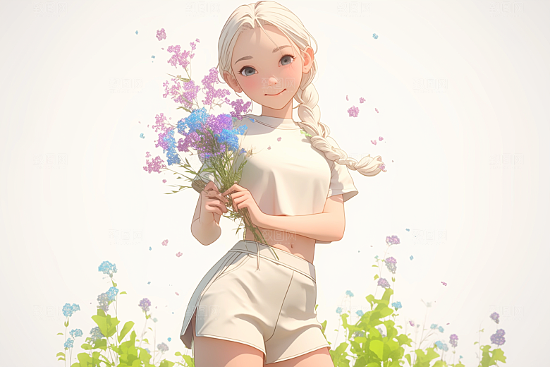 手捧鲜花的少女肖像清新素材