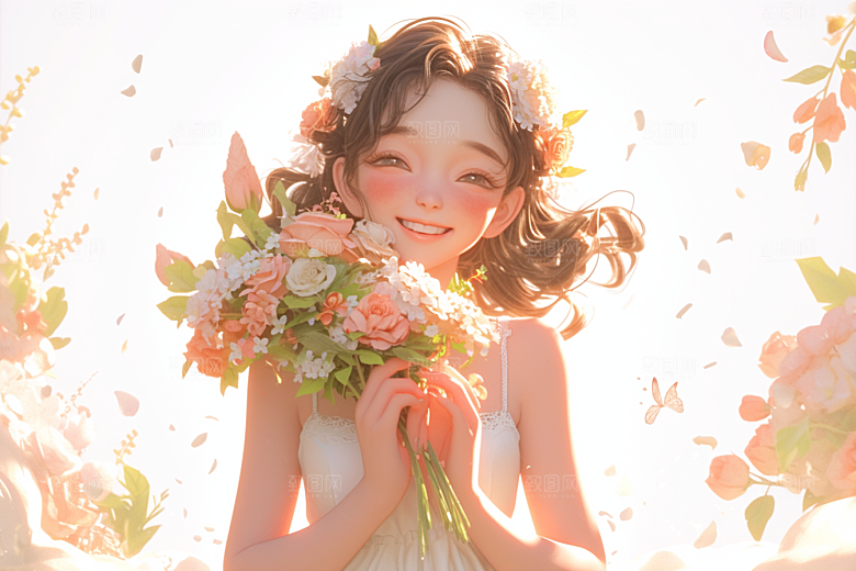 手捧鲜花的少女自然烂漫素材