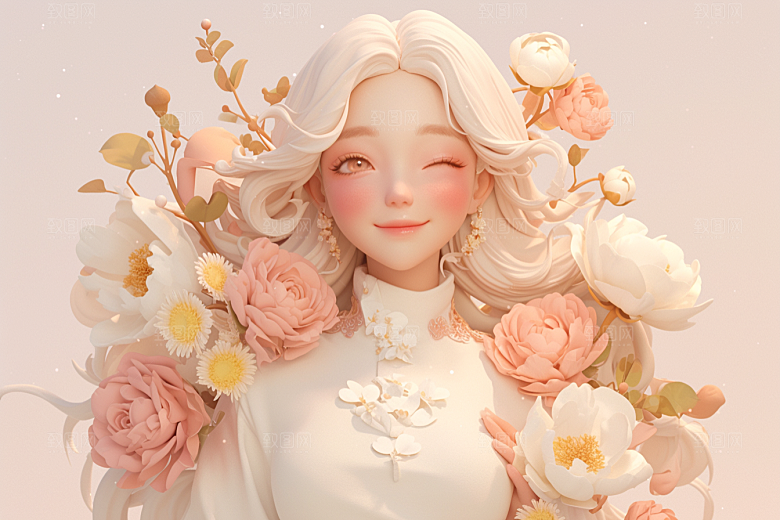 手捧鲜花的少女3D清新素材