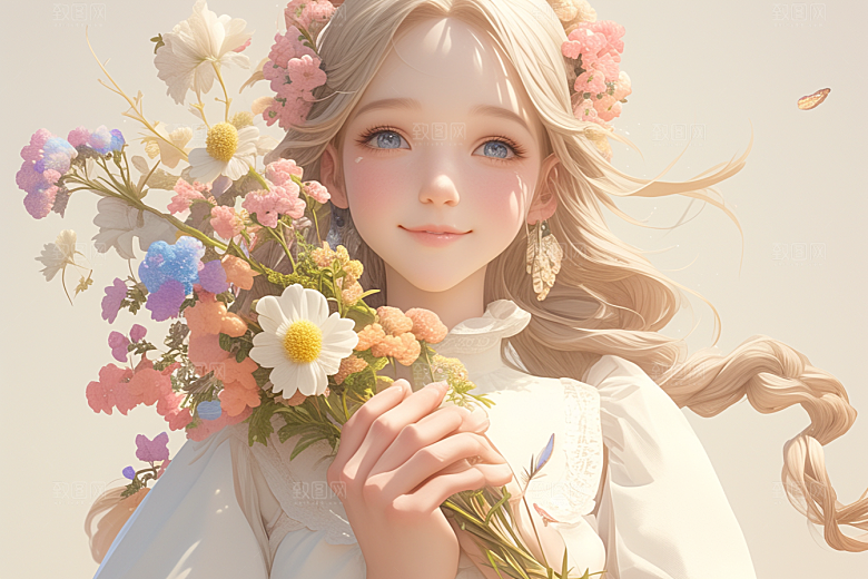 手捧鲜花的少女肖像立体素材