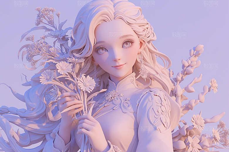 手捧鲜花的少女3D青春素材