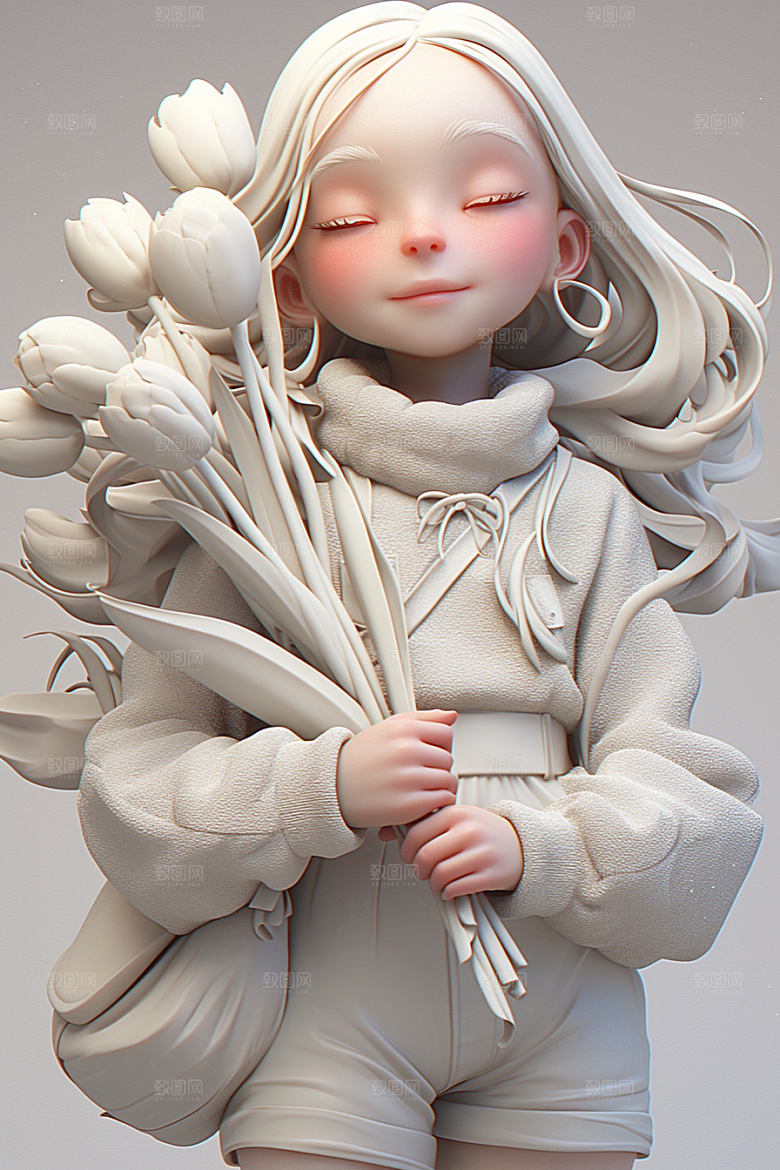 手捧鲜花的少女清新立体素材