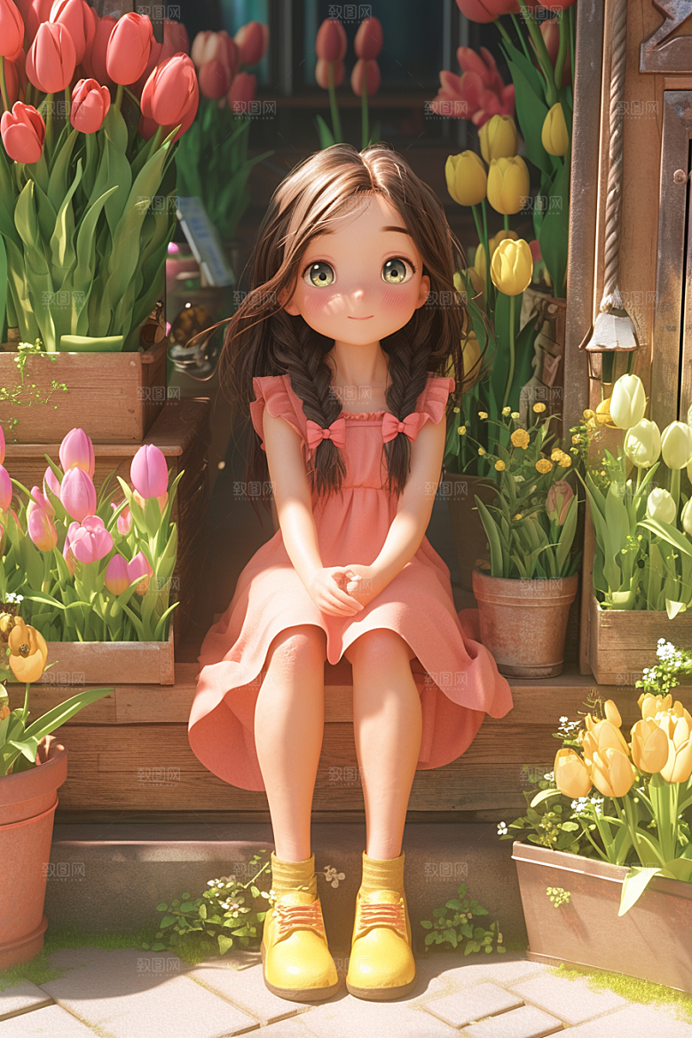 手捧鲜花的少女梦幻3D素材