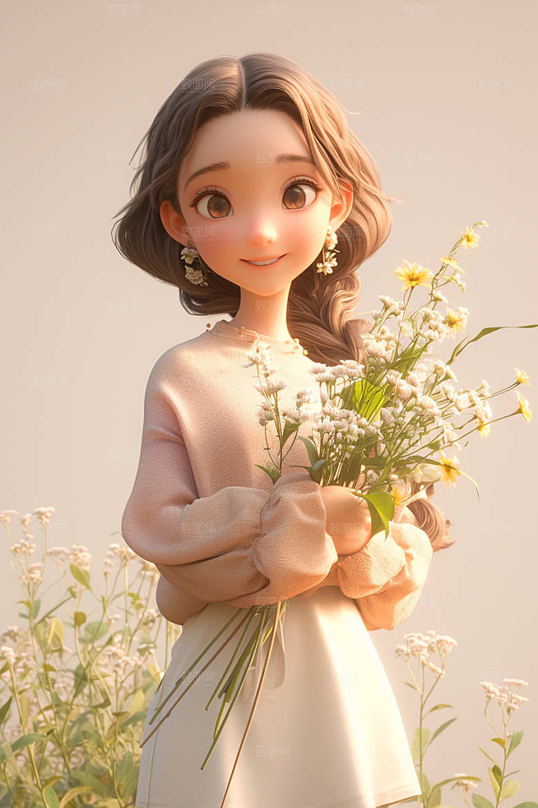 手捧鲜花的少女清新梦幻素材