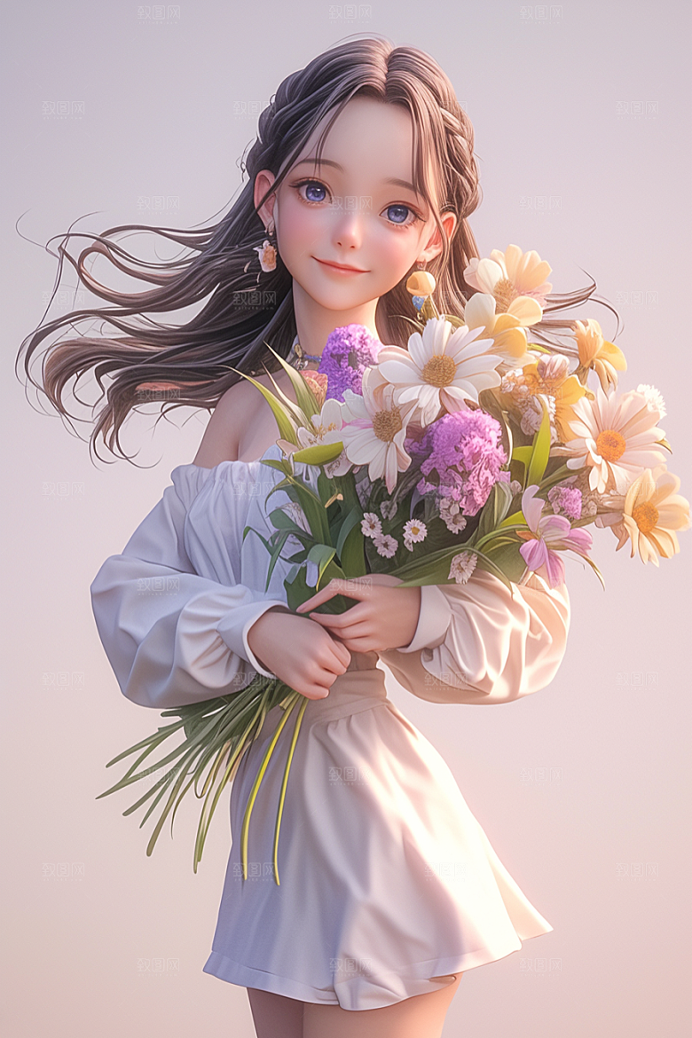 手捧鲜花的少女春天唯美素材