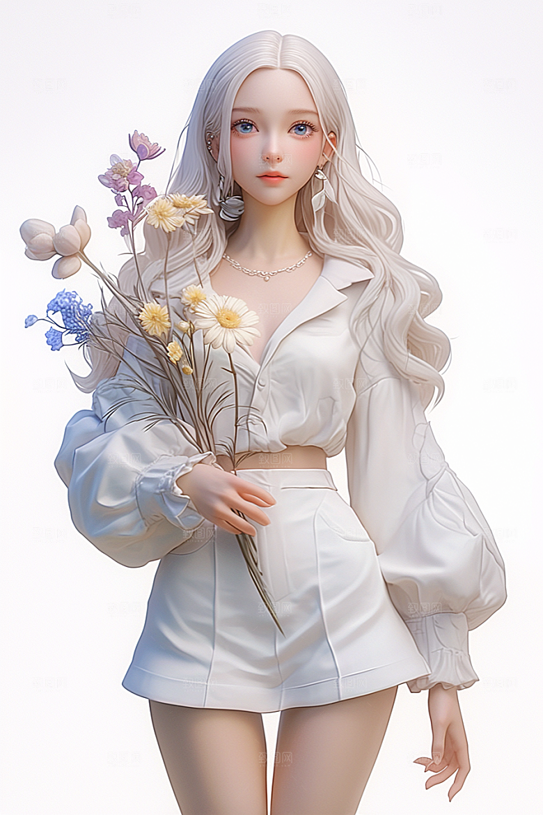 手捧鲜花的少女模型飞舞的裙摆素材