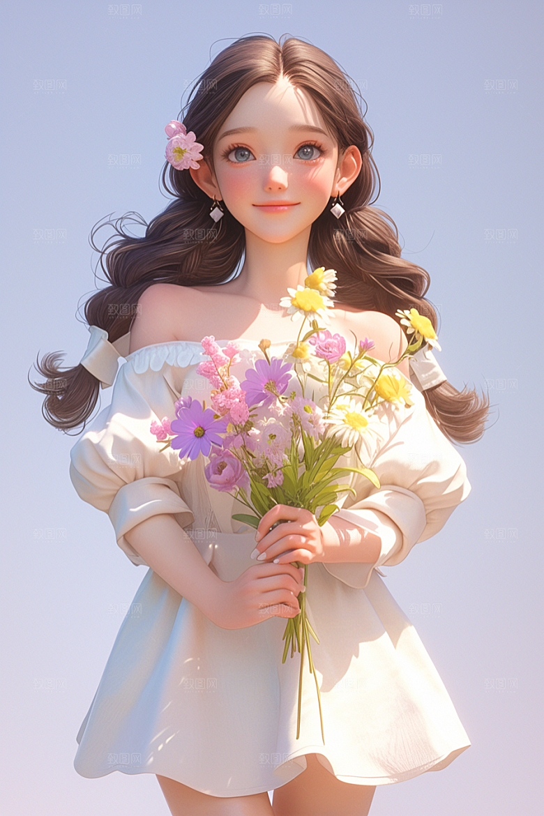 手捧鲜花的少女3D飞舞的裙摆素材
