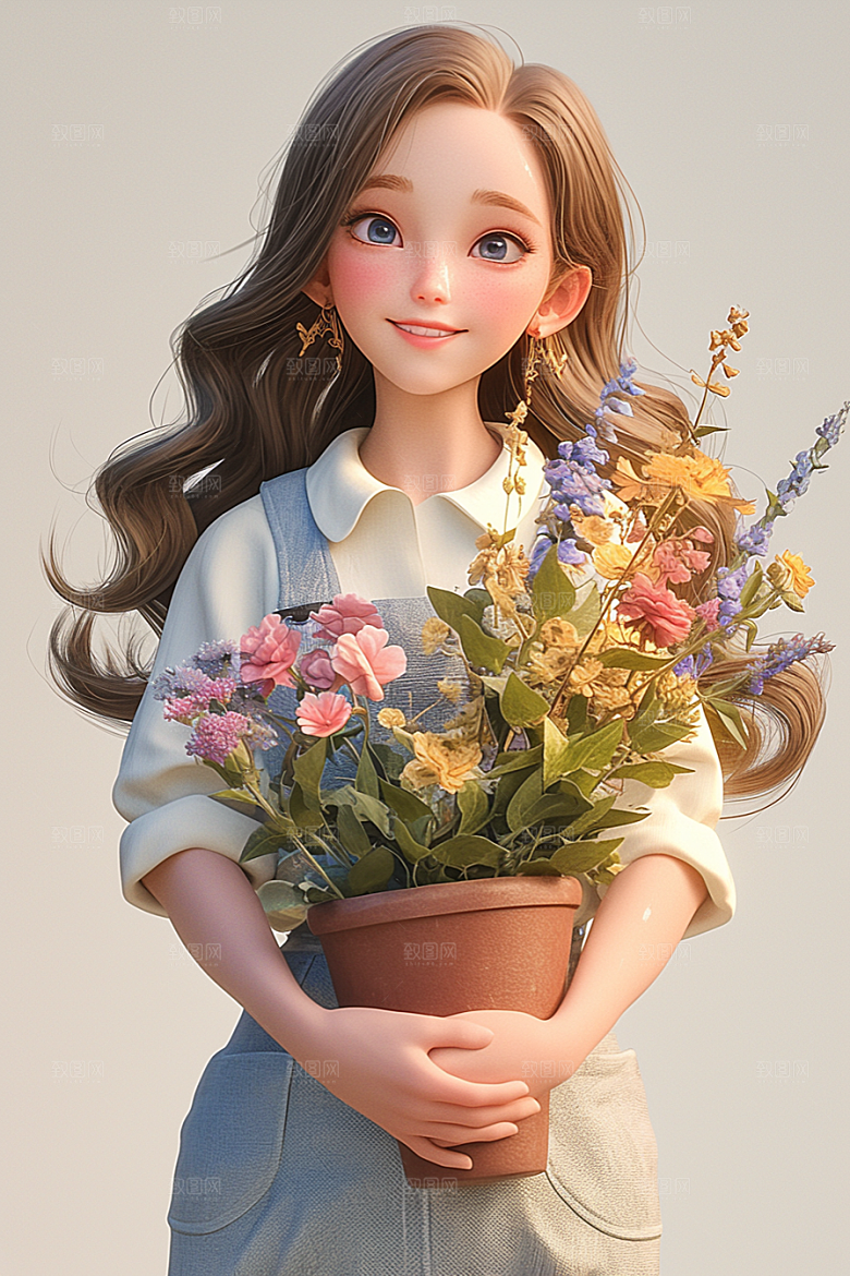 手捧鲜花的少女模型人物素材