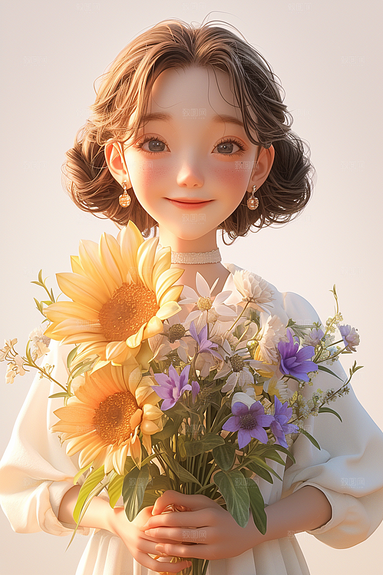 手捧鲜花的少女烂漫青春素材