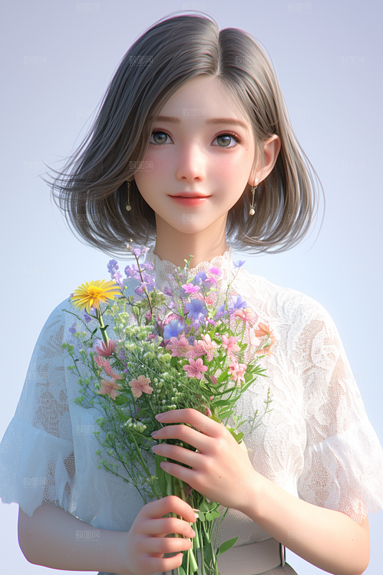 手捧鲜花的少女立体花朵素材