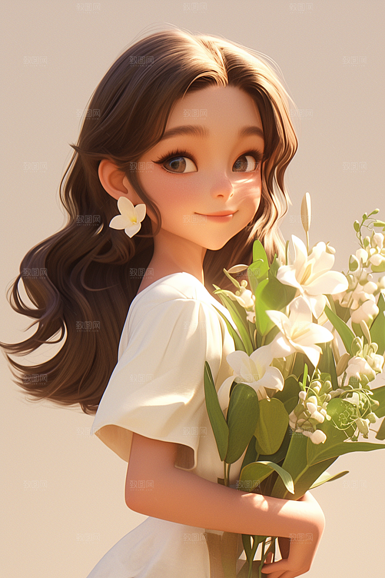 手捧鲜花的少女肖像人物素材