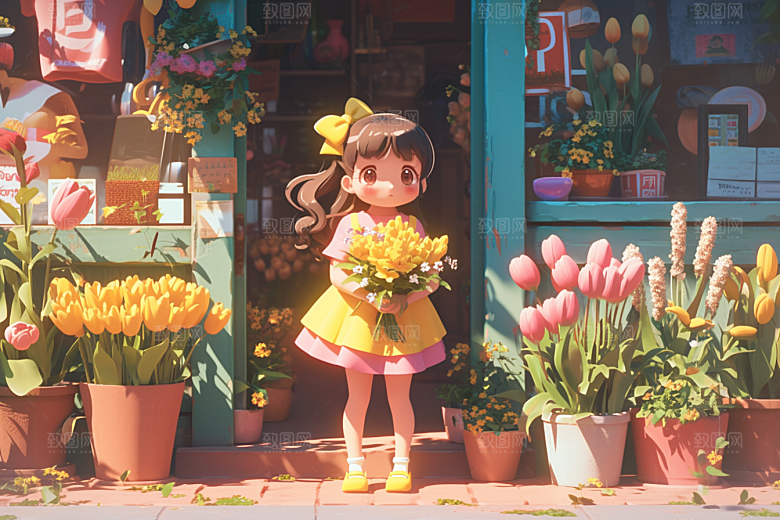 手捧鲜花的少女唯美清新素材