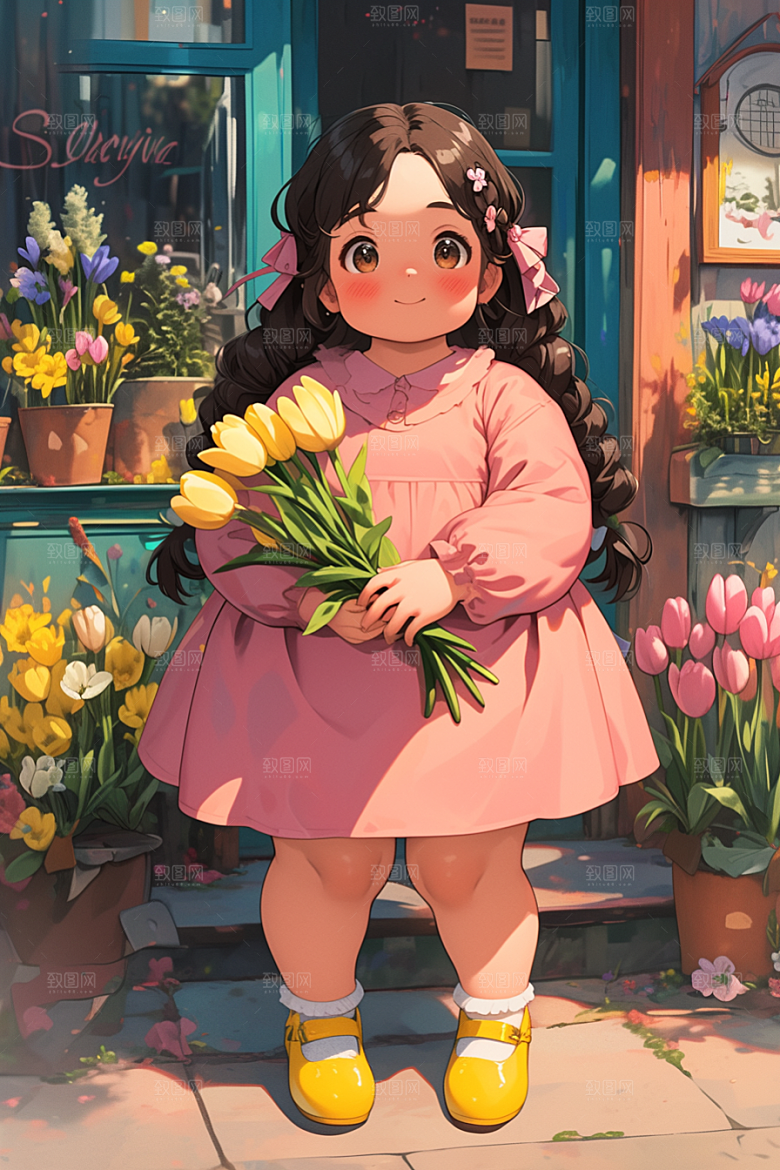手捧鲜花的少女肖像3D素材