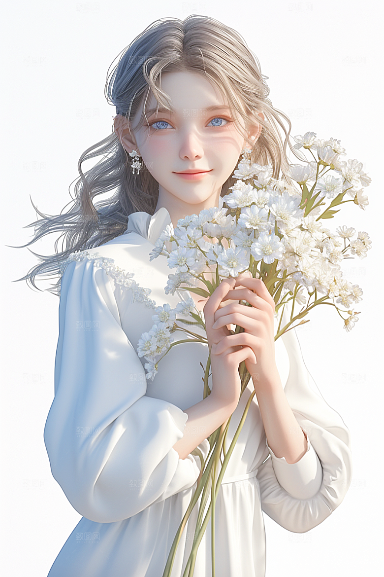 手捧鲜花的少女青春肖像素材