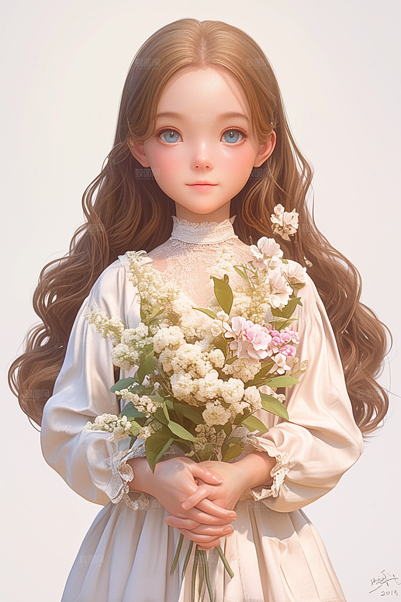 手捧鲜花的少女青春3D素材