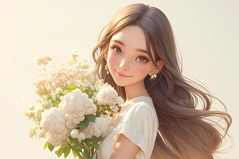 手捧鲜花的少女春天自然素材