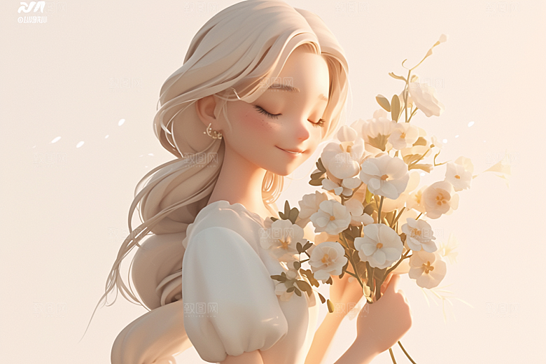 手捧鲜花的少女人物立体素材
