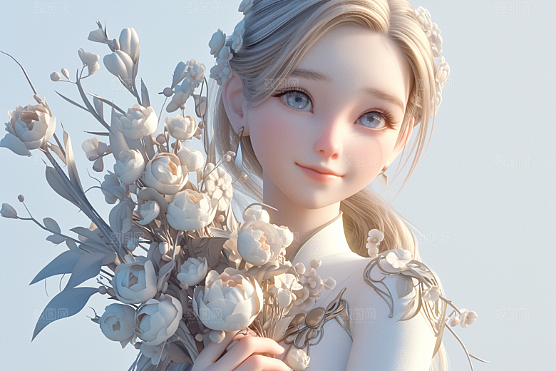 手捧鲜花的少女3D立体素材