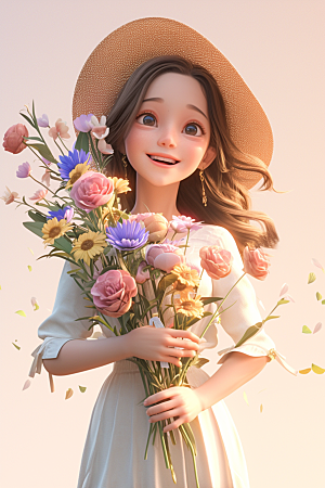 手捧鲜花的少女肖像梦幻素材