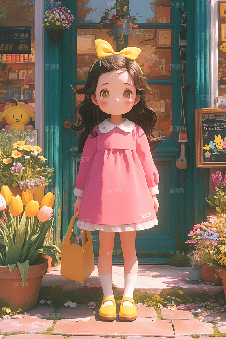 手捧鲜花的少女3D春天素材