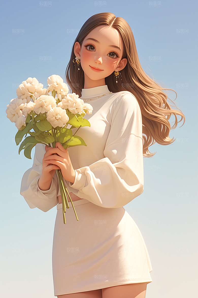 手捧鲜花的少女烂漫自然素材