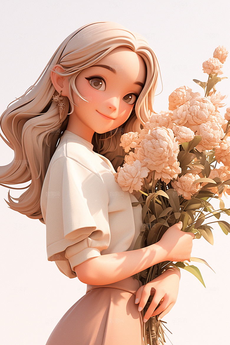 手捧鲜花的少女青春花朵素材