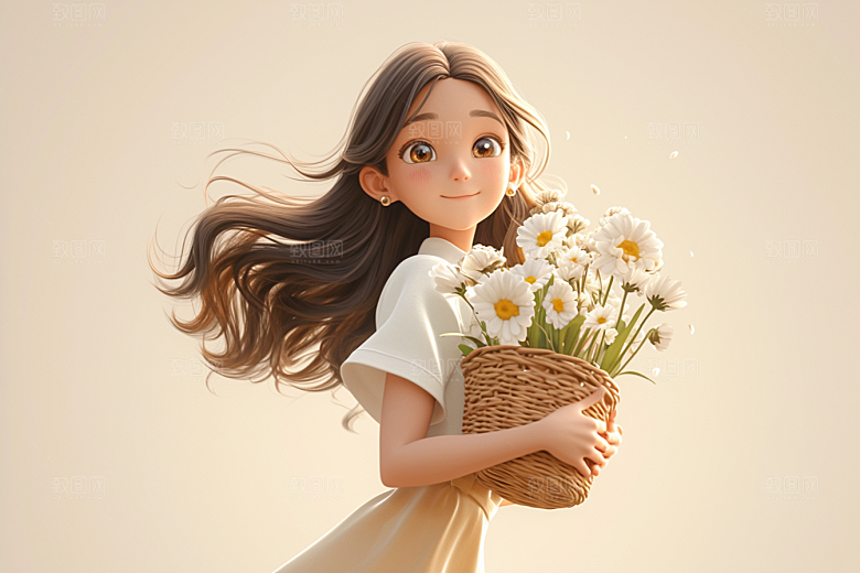 手捧鲜花的少女花朵唯美素材