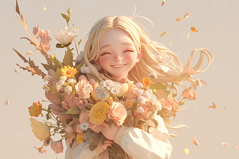 手捧鲜花的少女梦幻模型素材