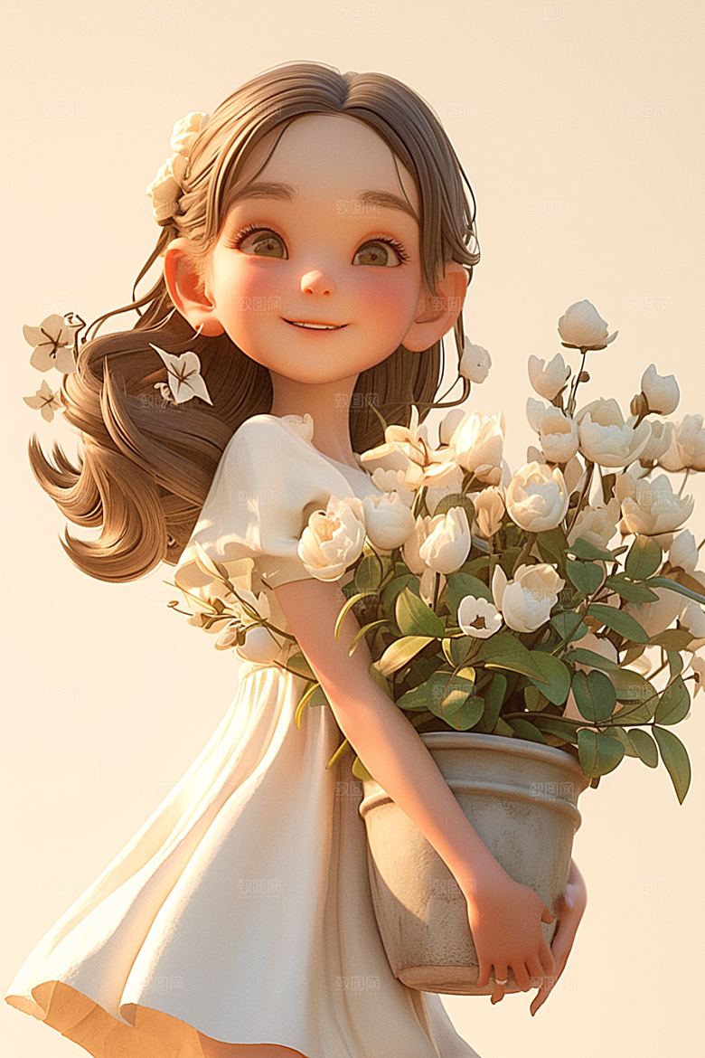 手捧鲜花的少女3D自然素材