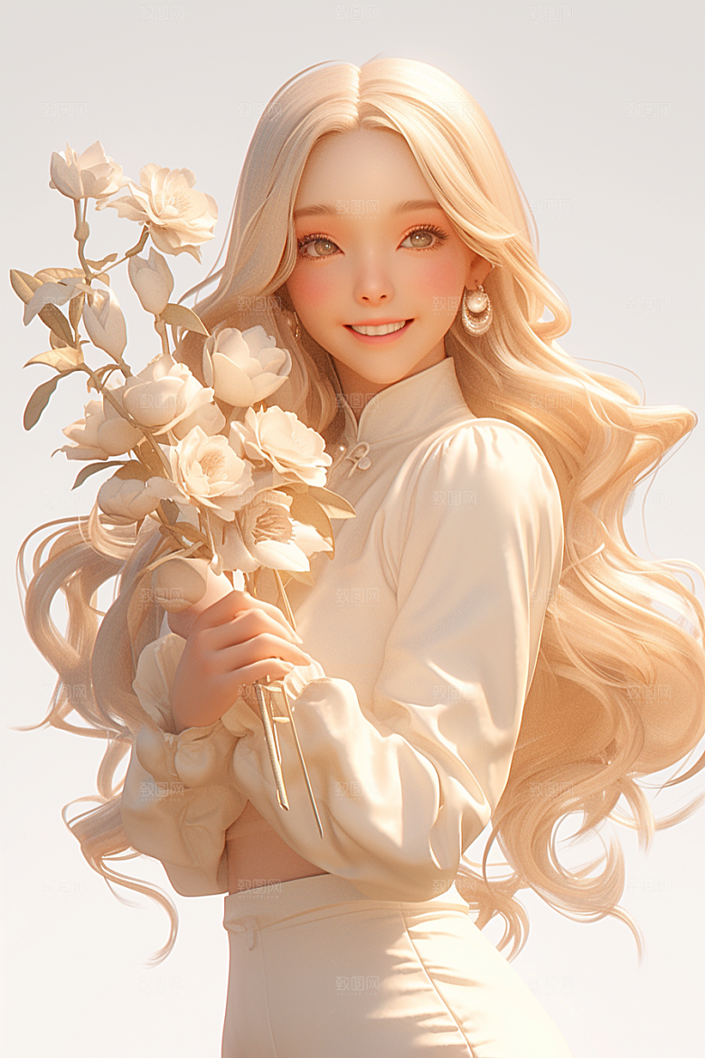 手捧鲜花的少女烂漫立体素材
