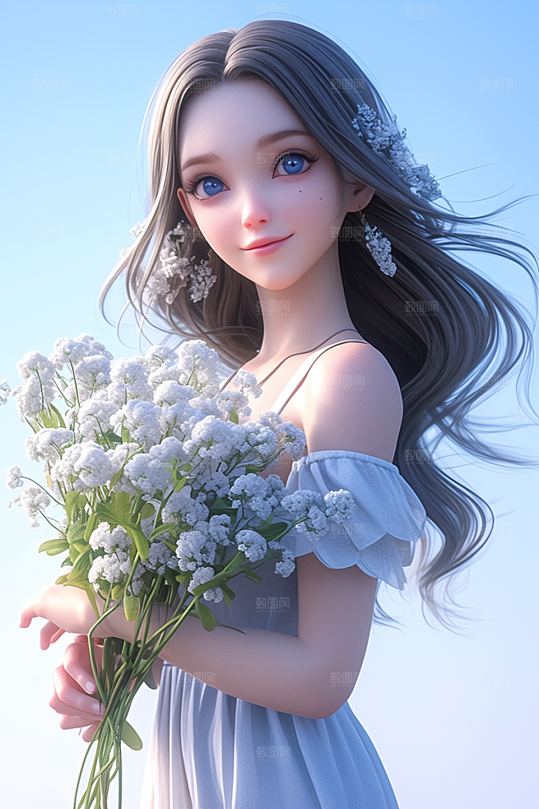 手捧鲜花的少女青春肖像素材