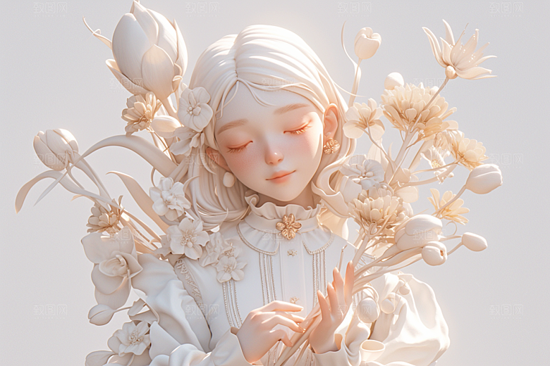 手捧鲜花的少女花朵肖像素材